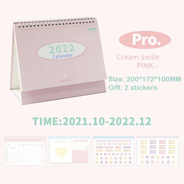 Cream coil-bound desk calendar for 2022, paper, 210g, Regular size 100x100x172mm, on a desk
