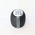 Perforated leather gear shift handball for Alpha car in black, red, and white line colour options.