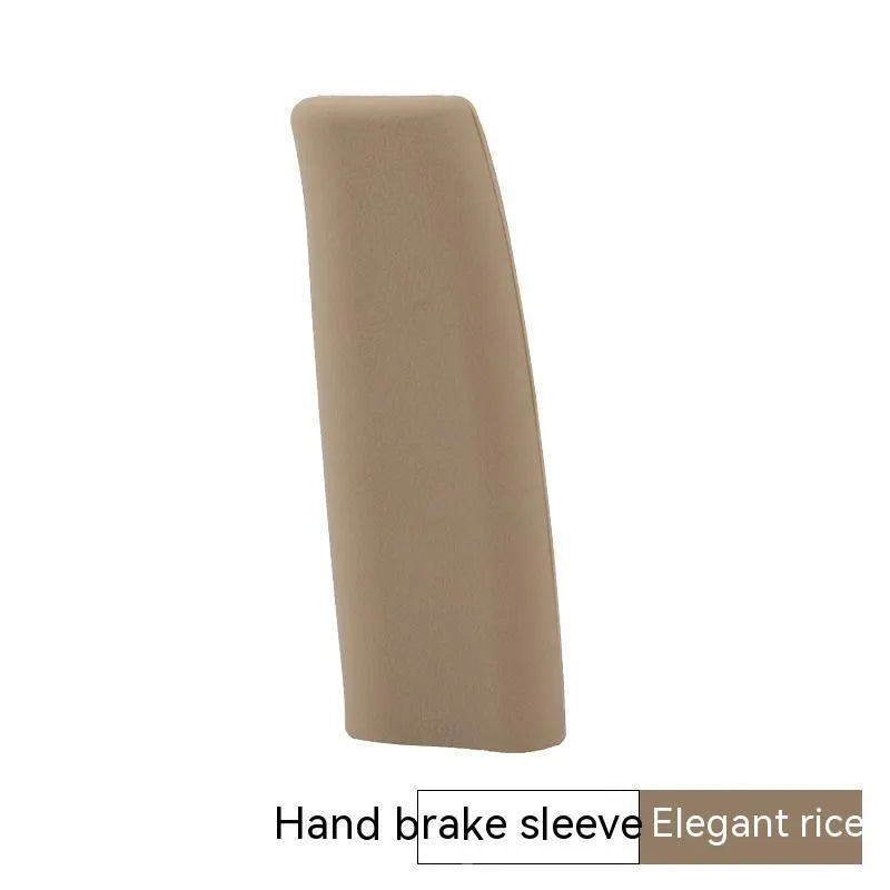 Universal silicone handbrake sleeve in black, grey, beige, red, and blue colours shown next to a car handbrake.