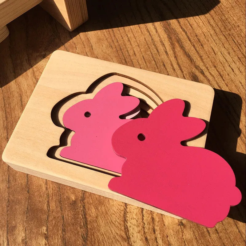Wooden multi-layer big animal puzzle for children aged 4-6, 11 x 15cm, in rabbit, whale, bird or elephant design