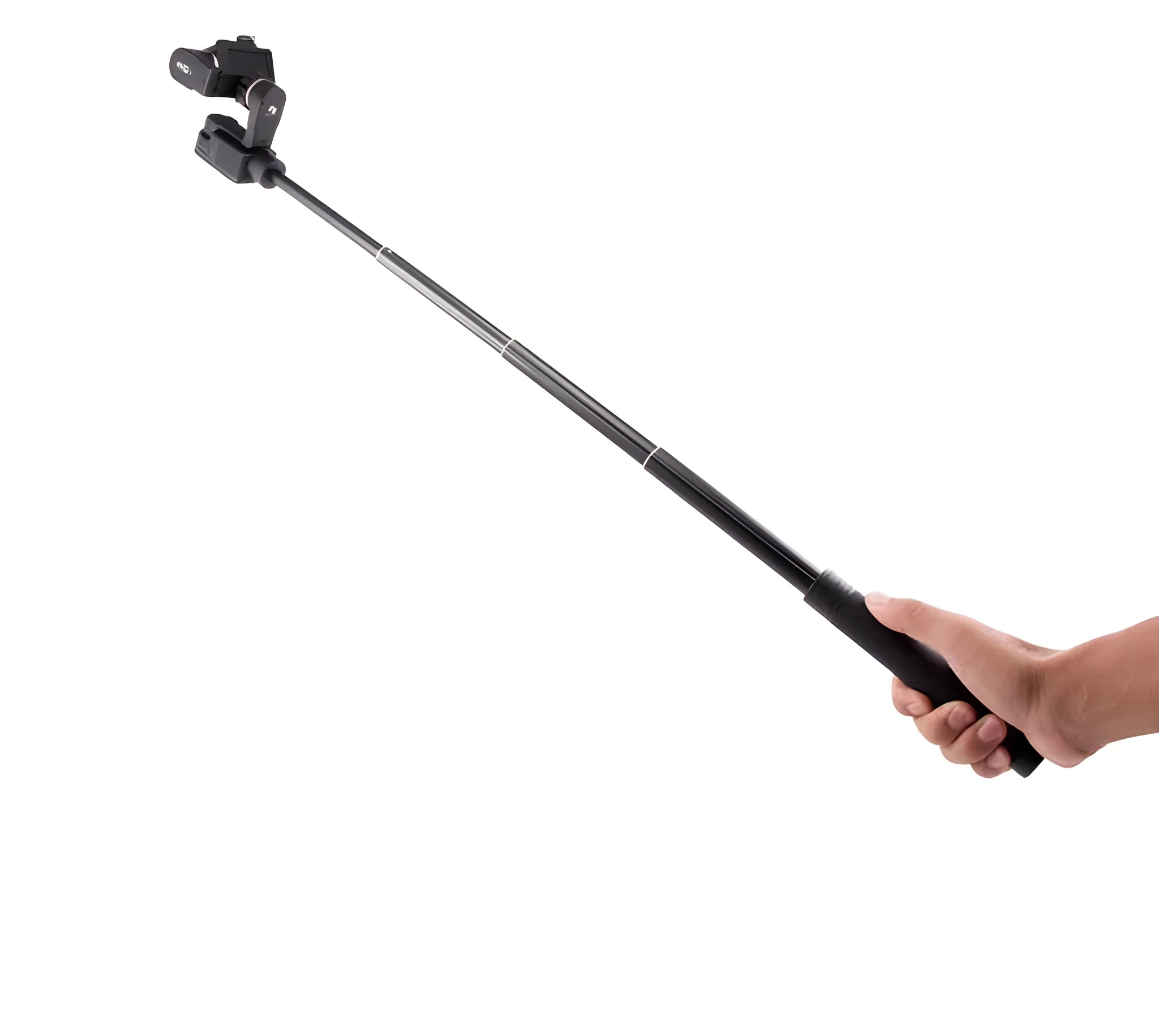 Black retractable aluminium selfie stick with Bluetooth remote, extended as a hand-held stabilizer.