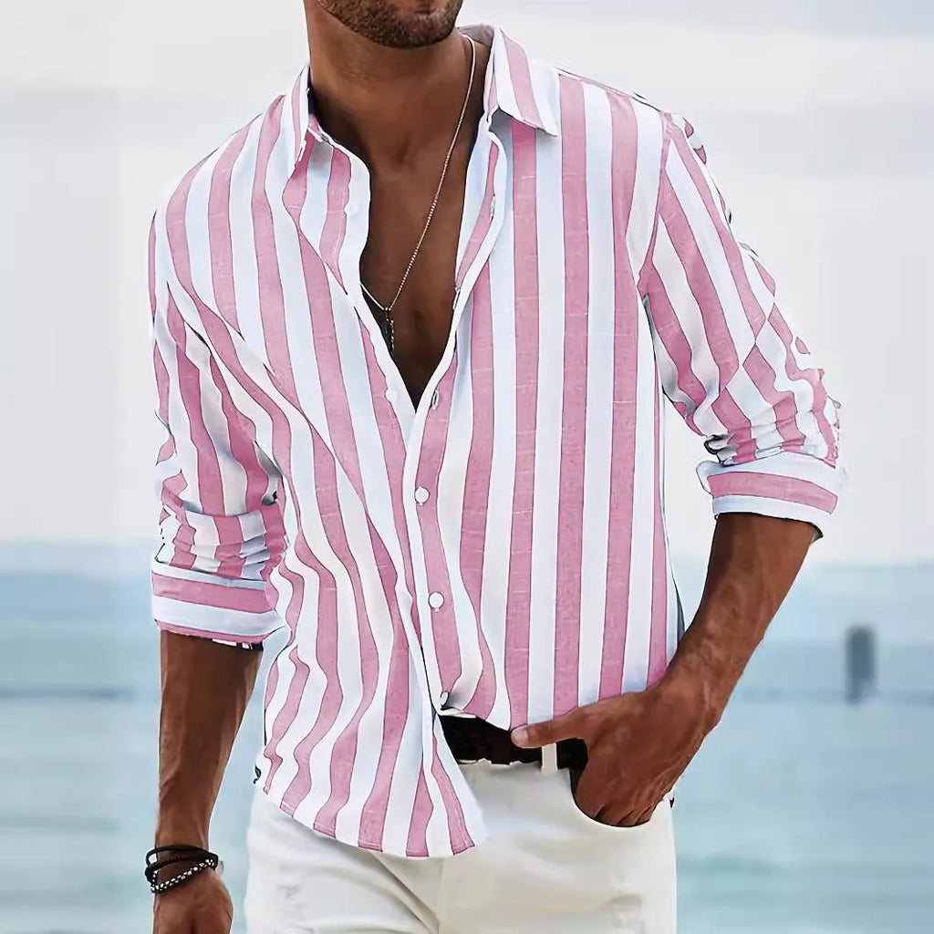 Men's loose-fit striped long-sleeved shirt in British cardigan style, available in light grey, black, pink, dark grey, red, and blue.