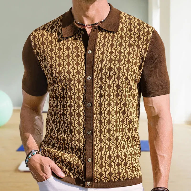 Men's summer Tencel short sleeve jacquard cardigan with lapel collar and geometric flocking pattern in black