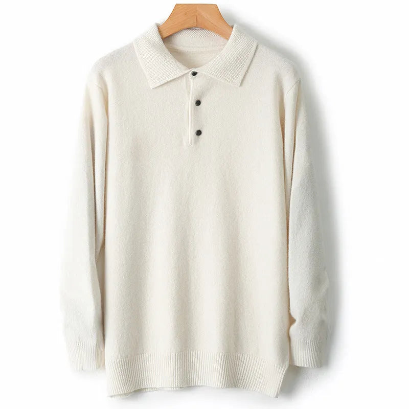 Men's grey wool pullover sweater with a polo collar and long sleeves on a hanger.
