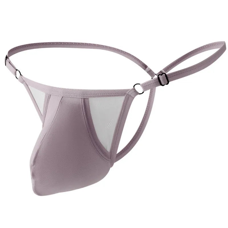 Men's geometric pattern ice silk T-back underwear in light purple colour, showing thin straps and adjustable waistband.