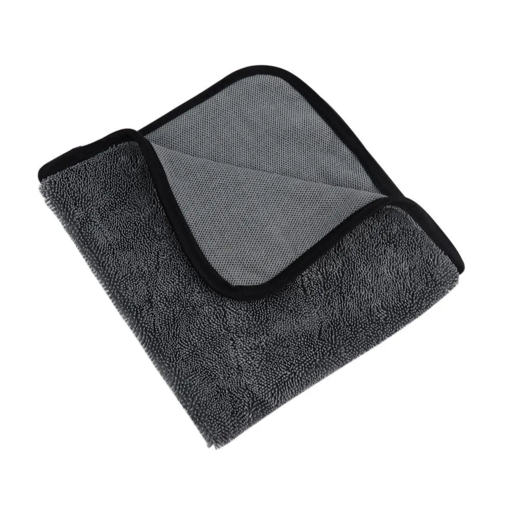 Grey 40x40cm microfiber car wash and drying towel laid flat.