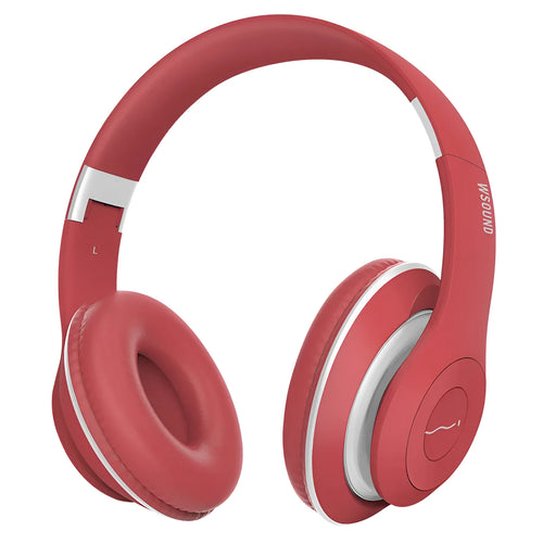 Blue and red Bluetooth wireless stereo headphones with bilateral earpieces for cord-free audio listening