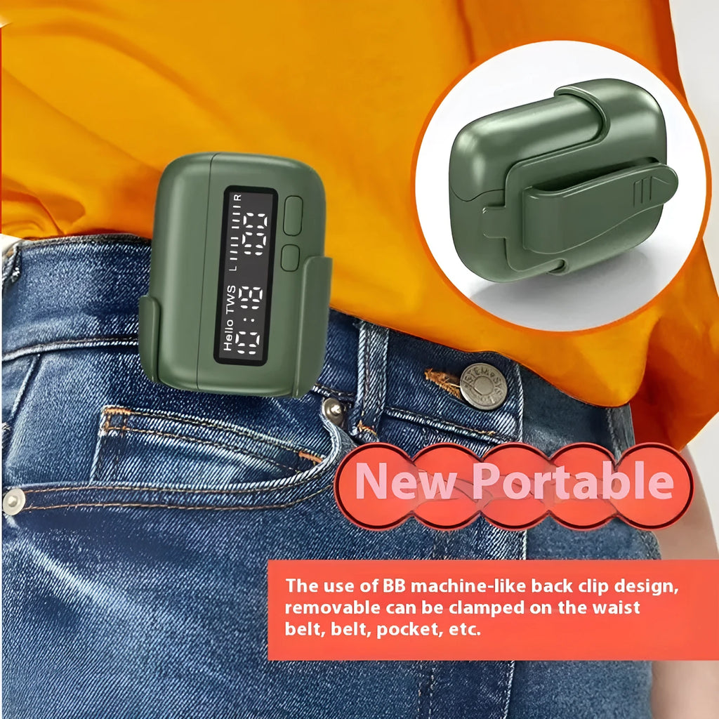 Portable wireless Bluetooth headset with digital display clock in Yuan Ye Green, 1990 Orange or Space Gray, PC ABS earplug style