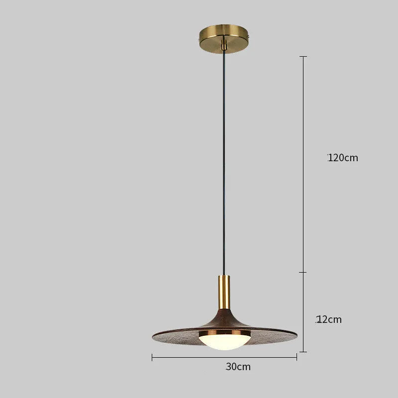 Wood and copper bar-style chandelier light fixture with push-button switch.