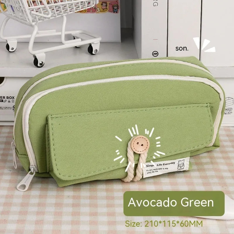 Green canvas pencil case with large capacity for about 80 pens, showing simple Korean style design.