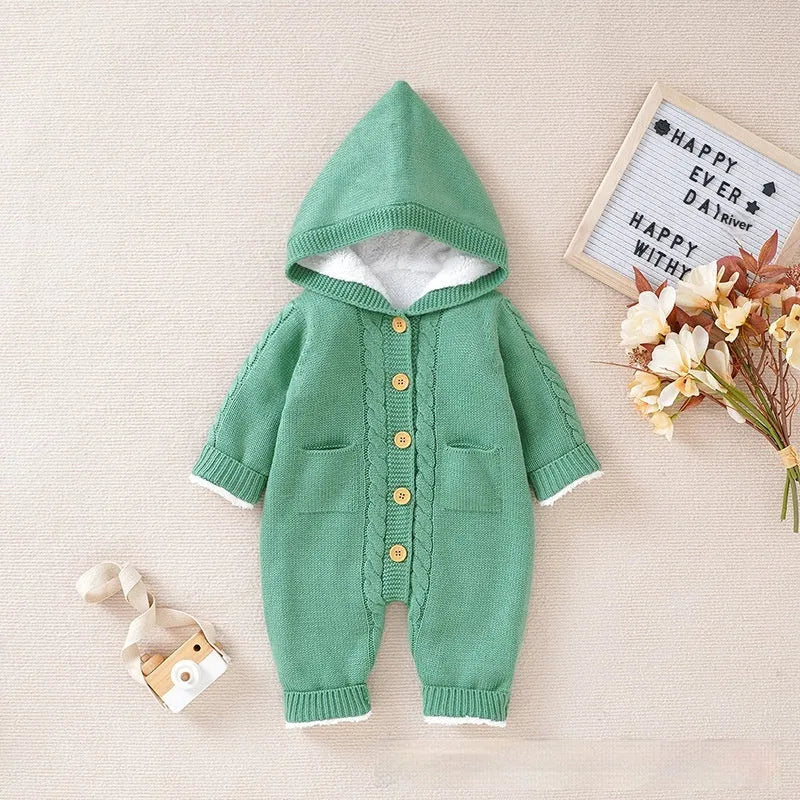 Baby winter thickened knitting jumpsuit romper in medium gray with long sleeves, suitable for crawling