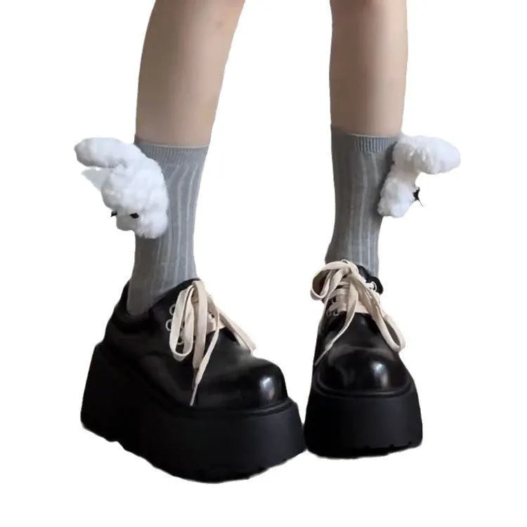 Matte black women's lace-up shoes with a thick rubber sole and a 6-8cm English muffin heel.