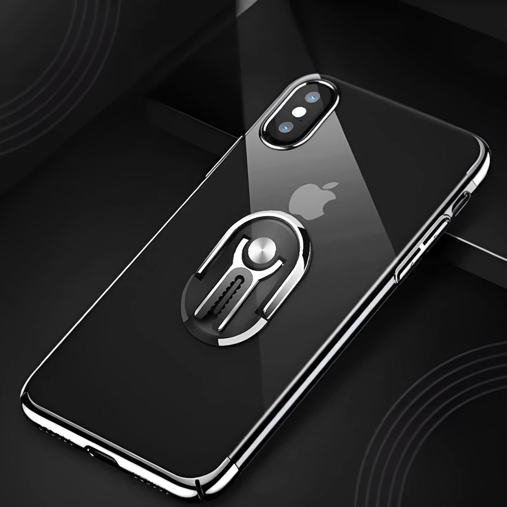 Universal black car phone ring bracket mounted on a car dashboard holding a mobile phone.