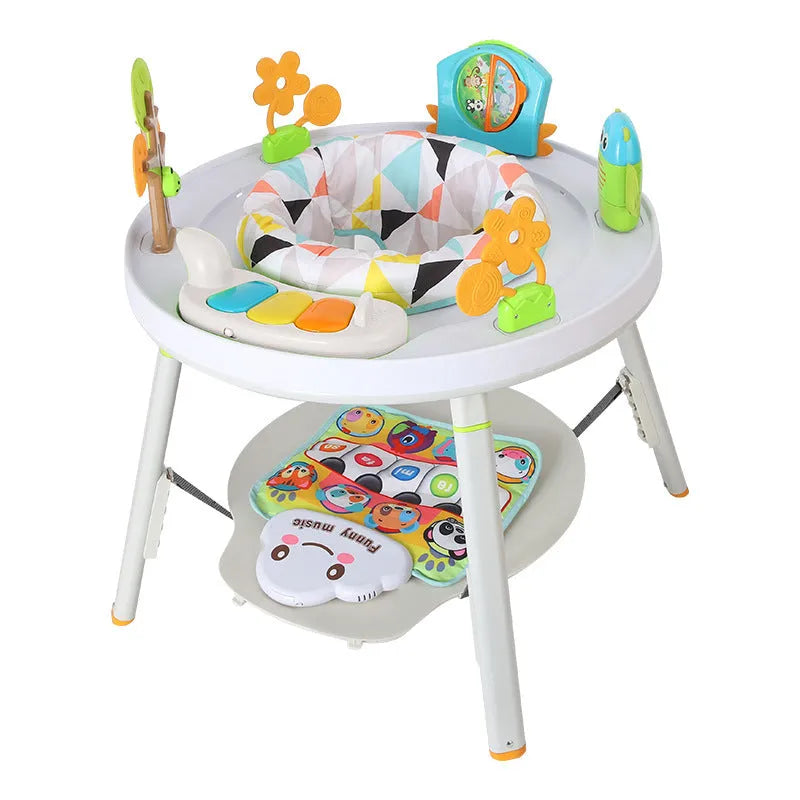 Three-in-one baby jumping chair with plastic rack construction in Yaya duck design with music cushion option