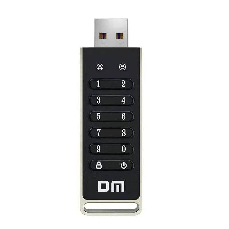 64GB metal USB flash drive with fingerprint scanner and encryption button.