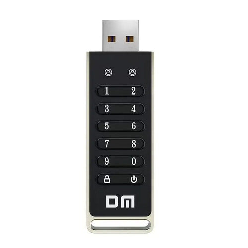 64GB metal USB flash drive with fingerprint scanner and encryption button.