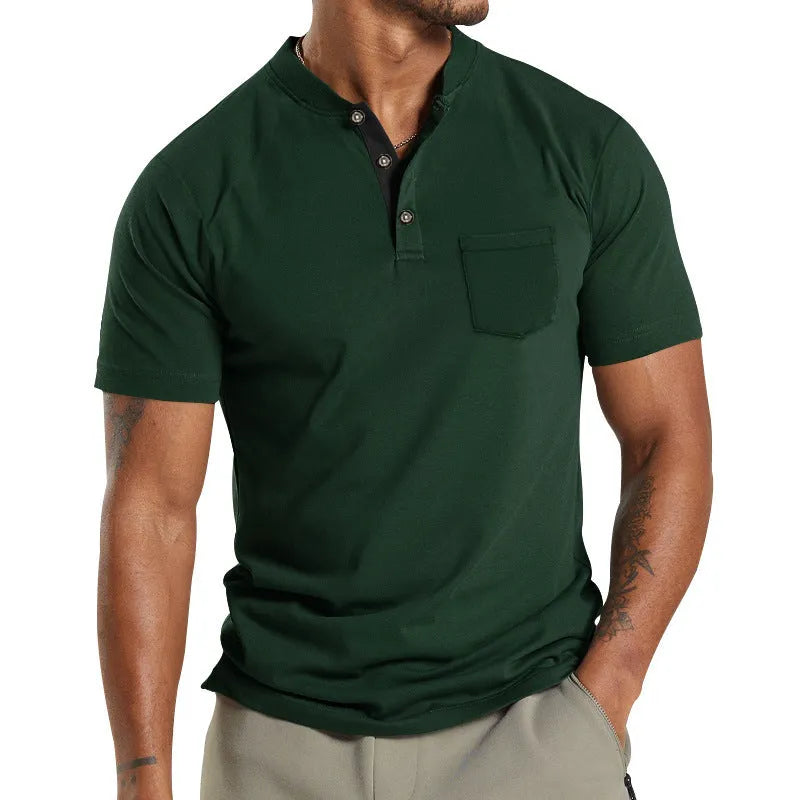 Men's plus size solid colour short sleeve polyester shirt with a button pocket on the chest.