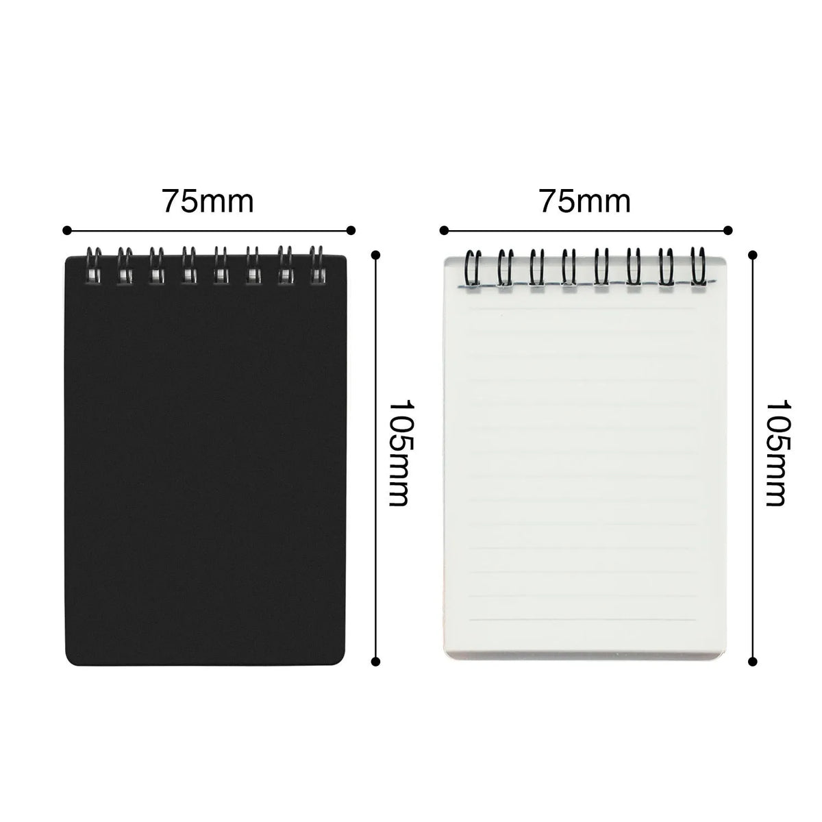 Business intelligence notepad with PP cover, spiral binding, 45 sheets, 105x75mm paper, and included pen.