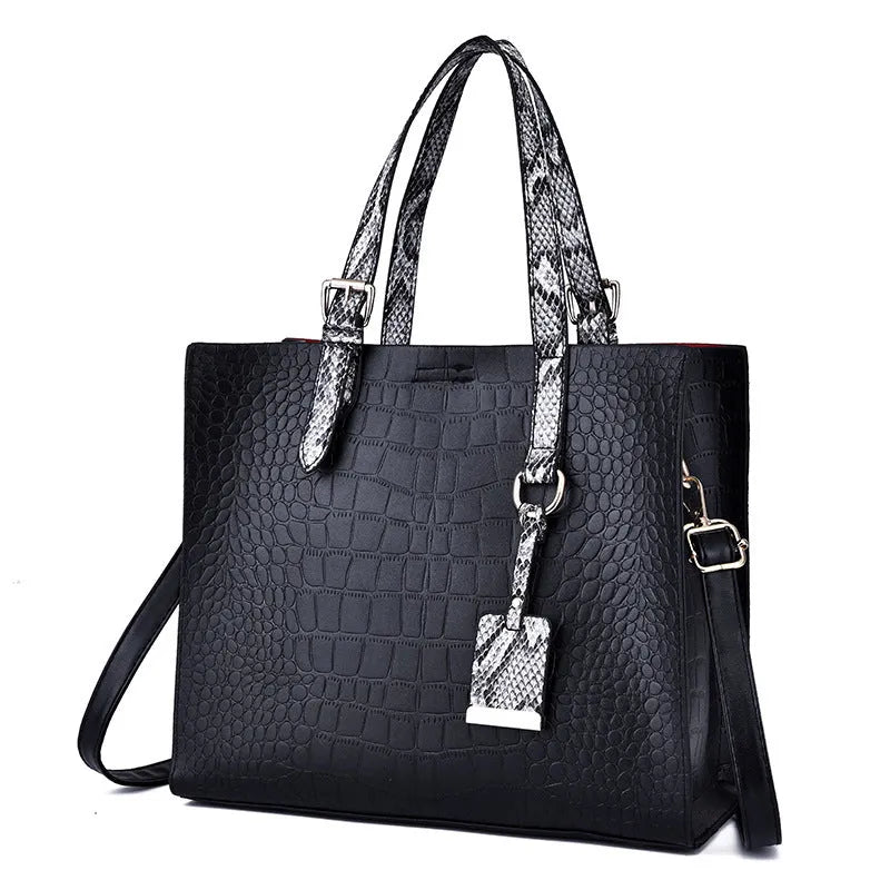 Women's diagonal cross body PU bag, 25x29x10cm stone tote in black with crocodile pattern