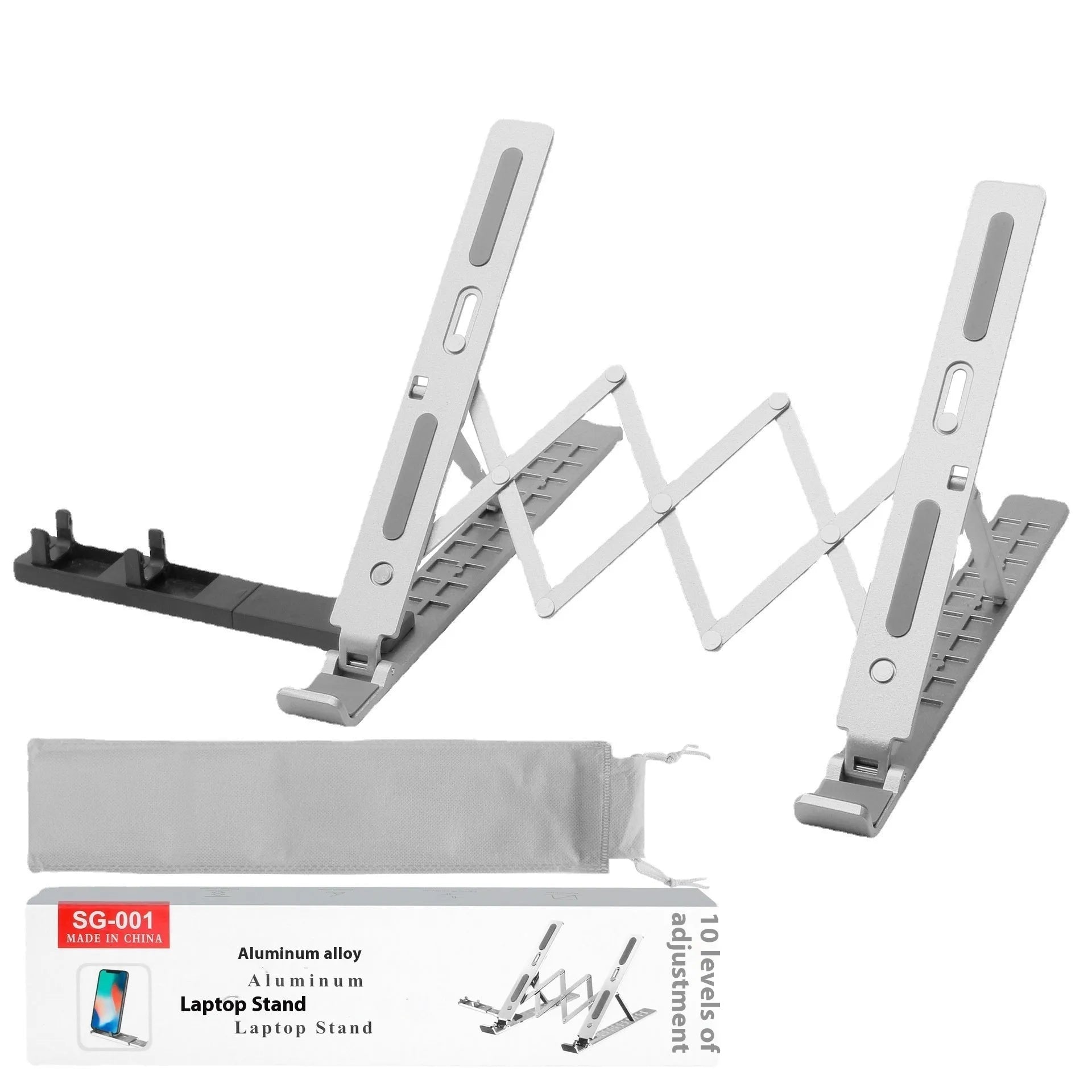 Three-fork aluminium alloy laptop stand in silver with adjustable lifting design for heat dissipation