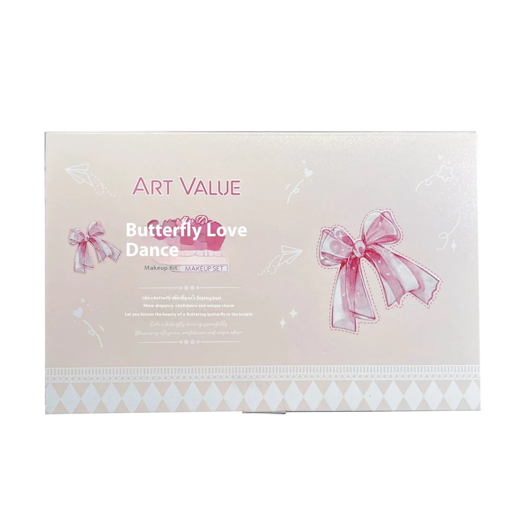 Butterfly Box makeup set showing four matte lip mud tubes and blush compact with chain necklace