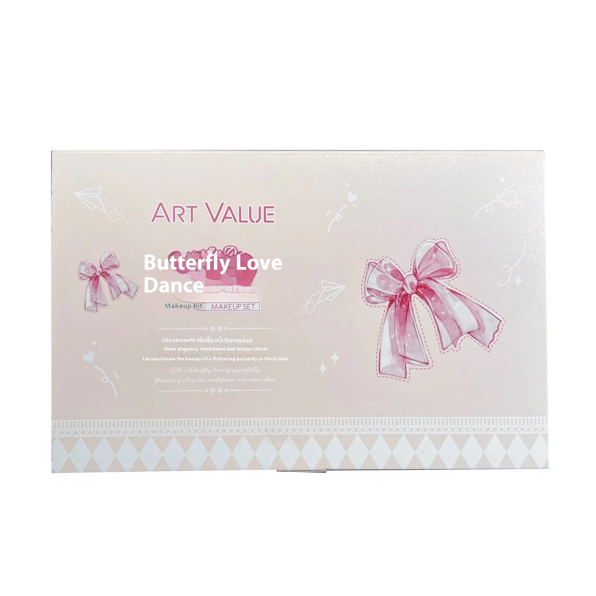 Butterfly Box makeup set showing four matte lip mud tubes and blush compact with chain necklace