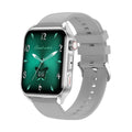 AMOLED smart watch with black silicone strap showing time on its high-definition touchscreen display.