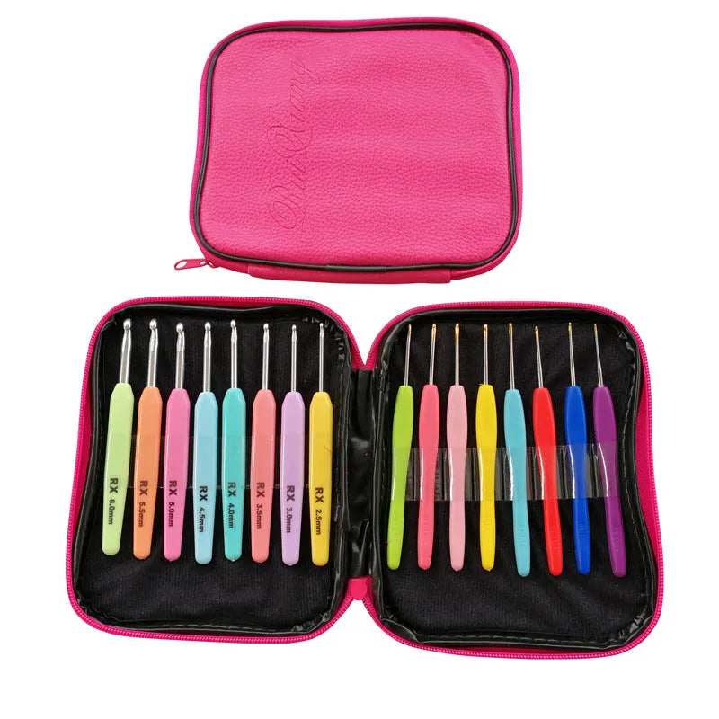 Set of 16 crochet hooks with different coloured handles in a grey PU storage bag
