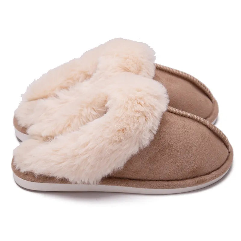 Grey fur furry slippers with plush velvet upper and TPR sole on indoor floor