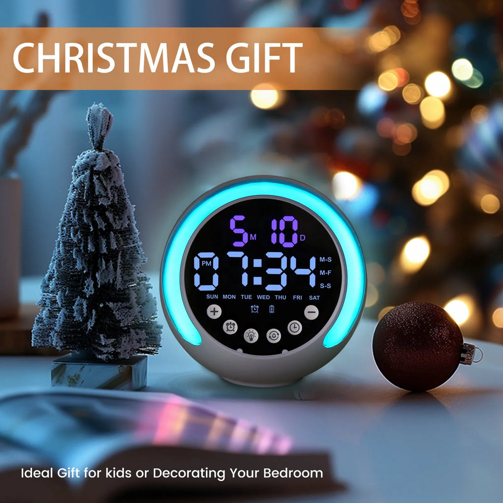 Multifunctional children's alarm clock in milky white ABS with RGB night light and wake-up light