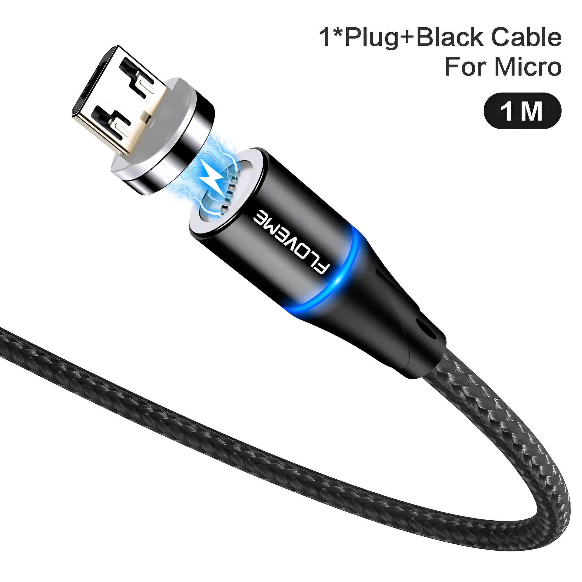 Black magnetic USB fast-charging cable with LED light, compatible with Apple iPhone and Android phones