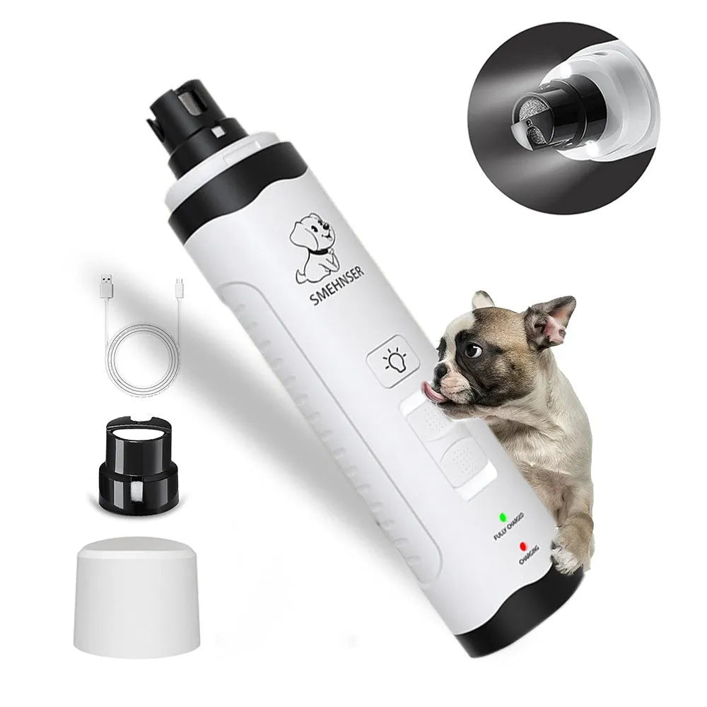 White electric dog nail trimmer with a grinding head, LED light display, and a dust collection compartment on a grey background.