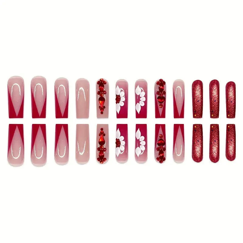 Press-on false nails with sweet flowers pattern and red diamond accents in European Square long style.