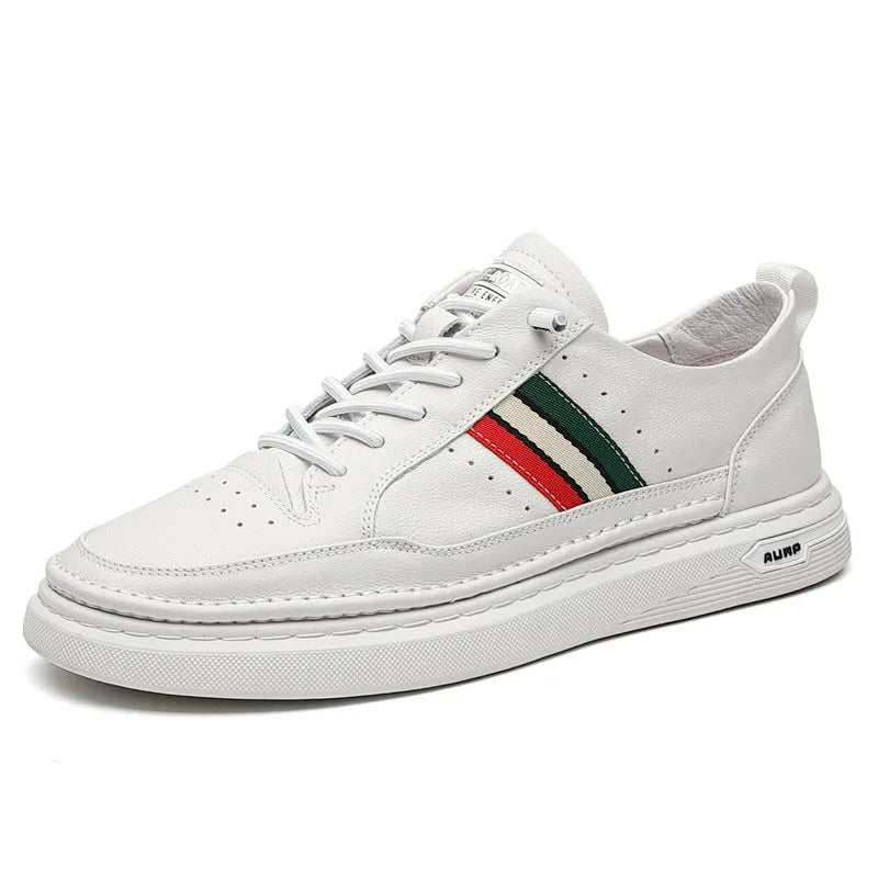 White casual lace-up leather shoes with inner height increase, round toe, rubber outsole, on a clean background