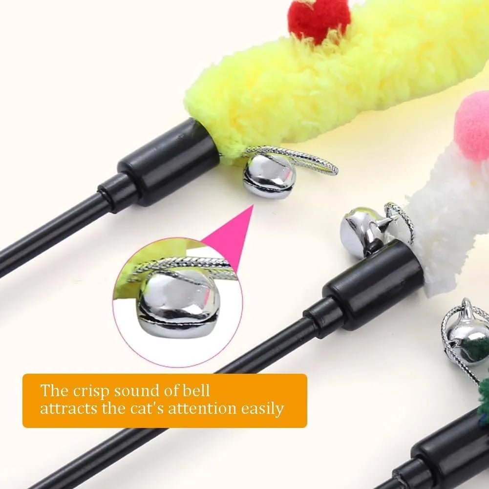 Blue green or pink cat wand toy with plush strip and bell for interactive indoor play