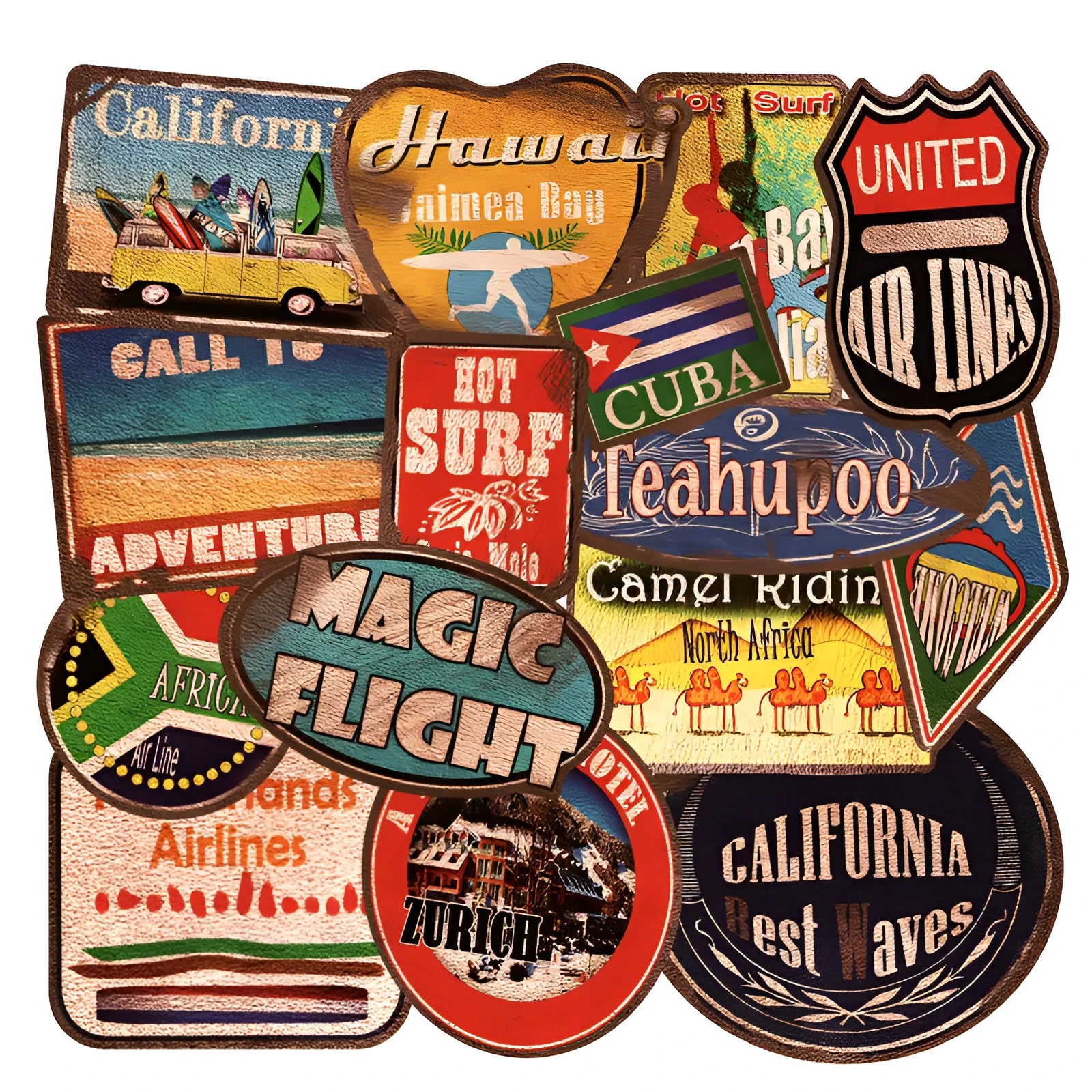 36 piece set of large retro beach stickers with surfing and travel designs in 6-10cm sizes