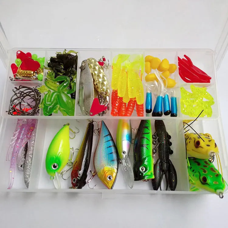 142-piece fishing lure set with metal pliers, hard minnow lures, and sequins in assorted colours
