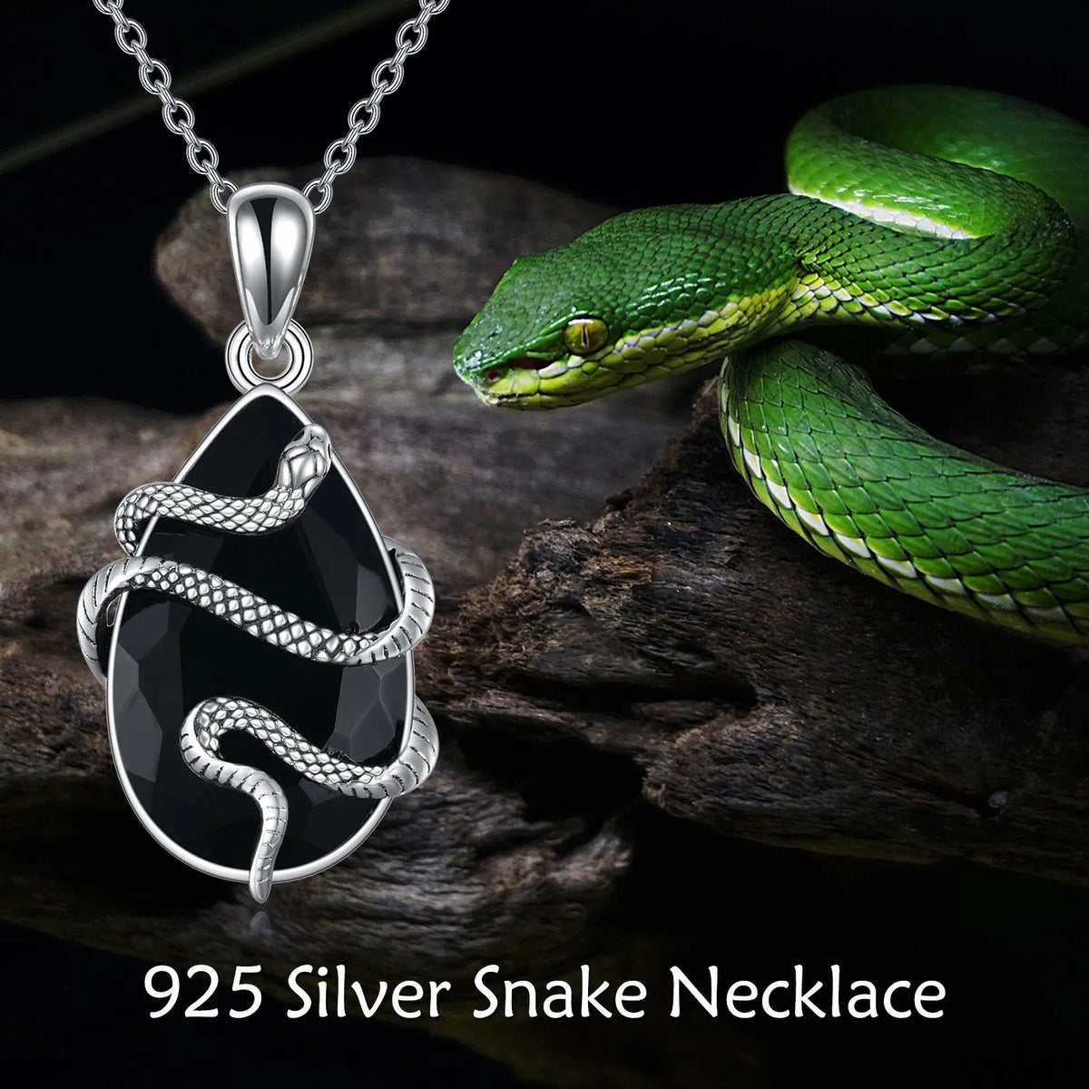 Sterling silver snake necklace with black obsidian and tourmaline teardrop crystal on an 18-inch cable chain