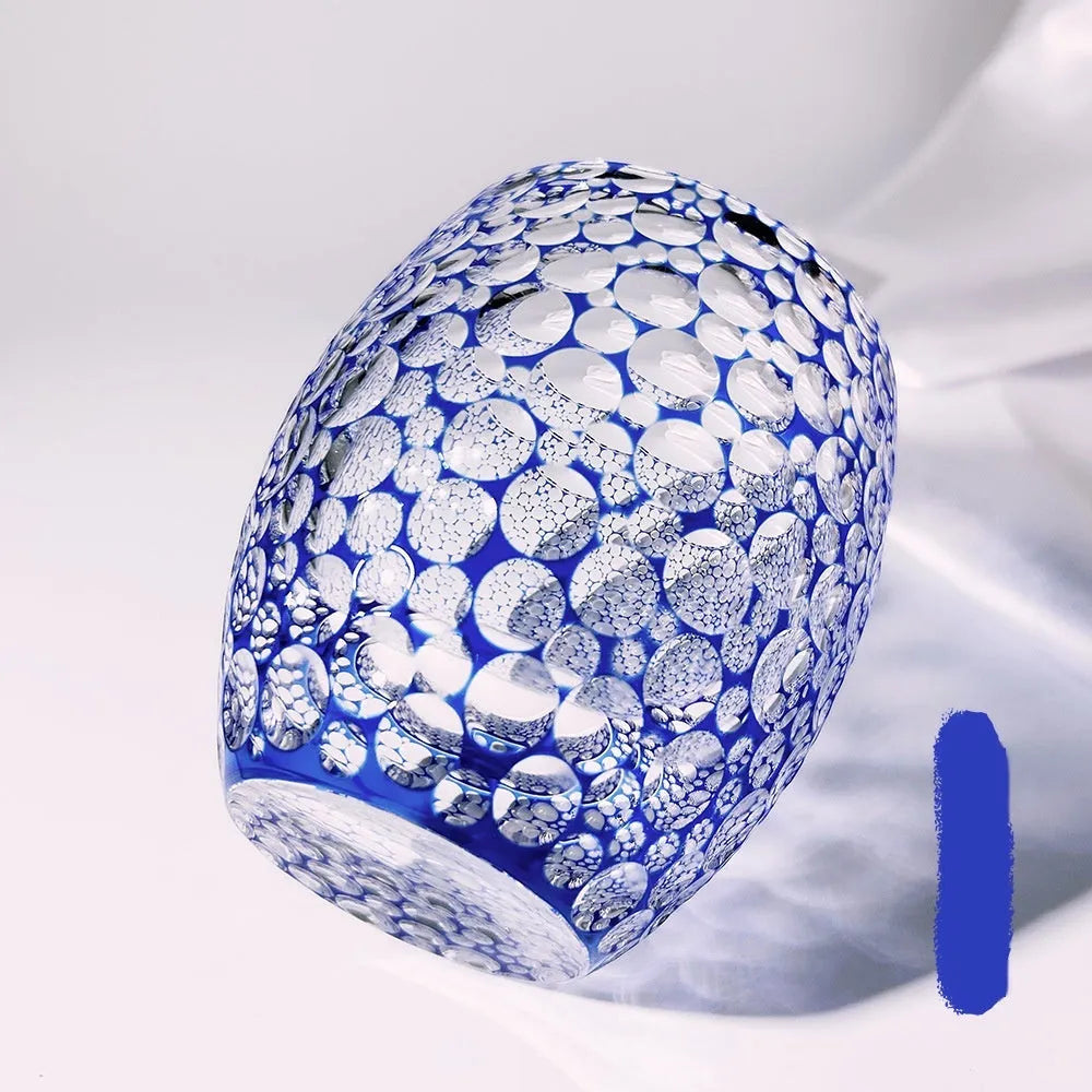 Sapphire blue hand carved crystal glass wine glass with bubble cut pattern, Japanese simple style