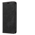 Magnetic flip phone case in leather for iPhone, shown open with cards in slots and closed with magnetic seal.