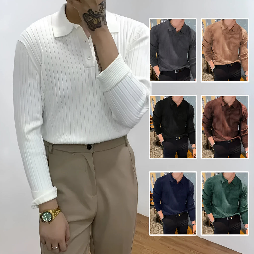 Men's slim fit waffle texture long sleeve knit polo shirt in dark green, front view