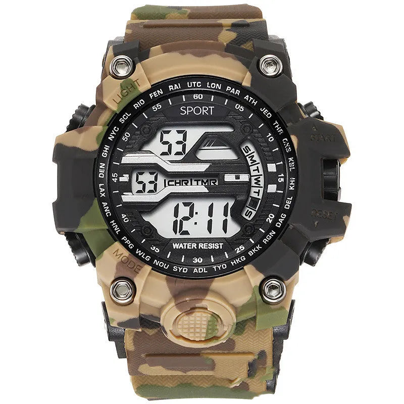 Men's sports watch with large dial, number display, and waterproof rating of 10m