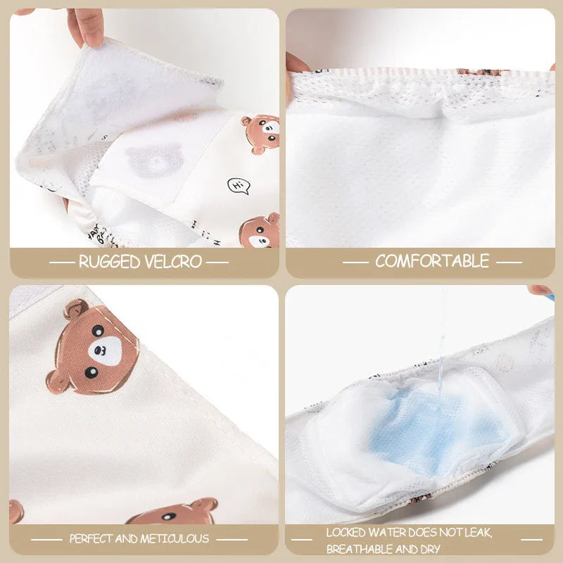 Reusable cartoon bone print dog diaper with fastener tape and elastic waistband, shown in blue bear pattern.