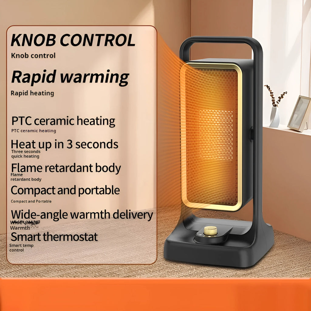 Black PTC ceramic desktop air heater with control knob on a flat surface.