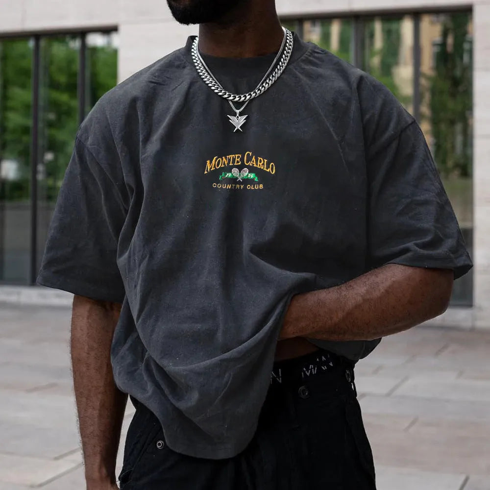 Men's plus size loose fit vintage printed t-shirt in black, short sleeve pullover style