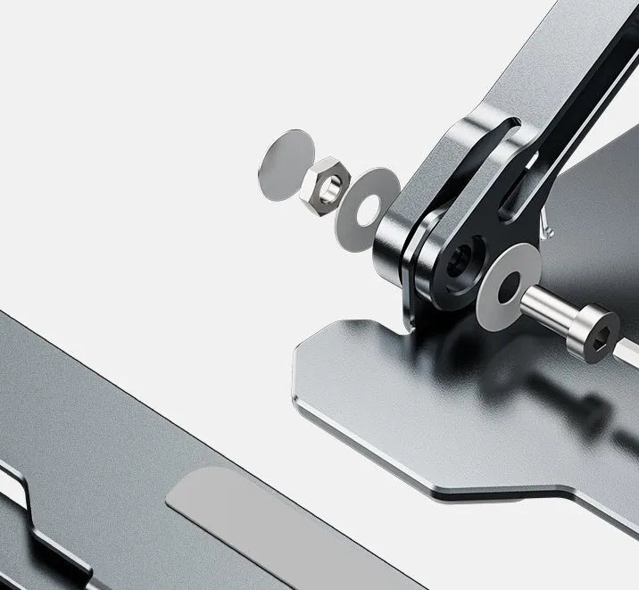 Grey aluminium adjustable laptop stand holding a silver laptop, showing its hollow design and folded position.