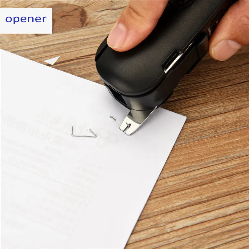 KOONSLED black mini stapler with staple remover on a white surface