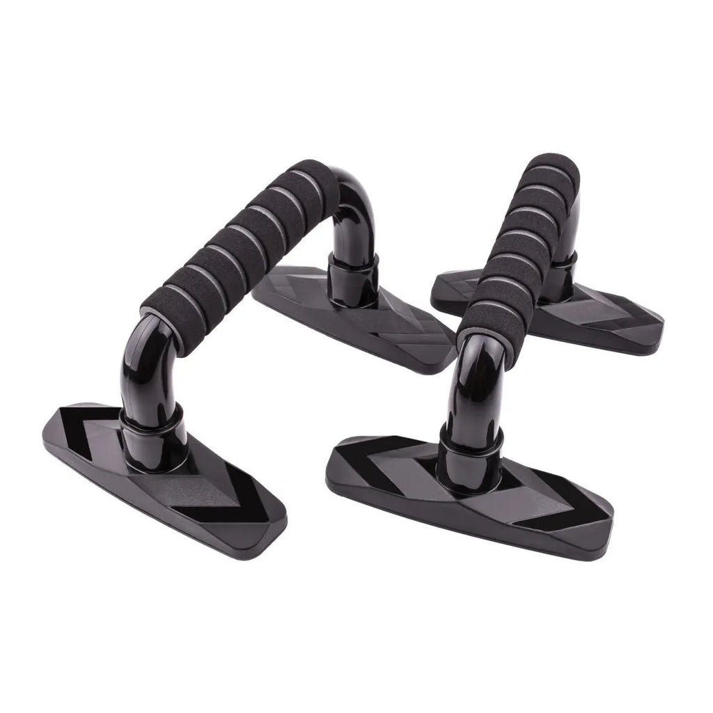 A pair of I-shaped black push up bars with diamond-patterned anti-slip PP sponge grips on a grey background.