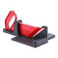 Green and red modern vegetable cutter with stainless steel blades for cutting carrots and potatoes.