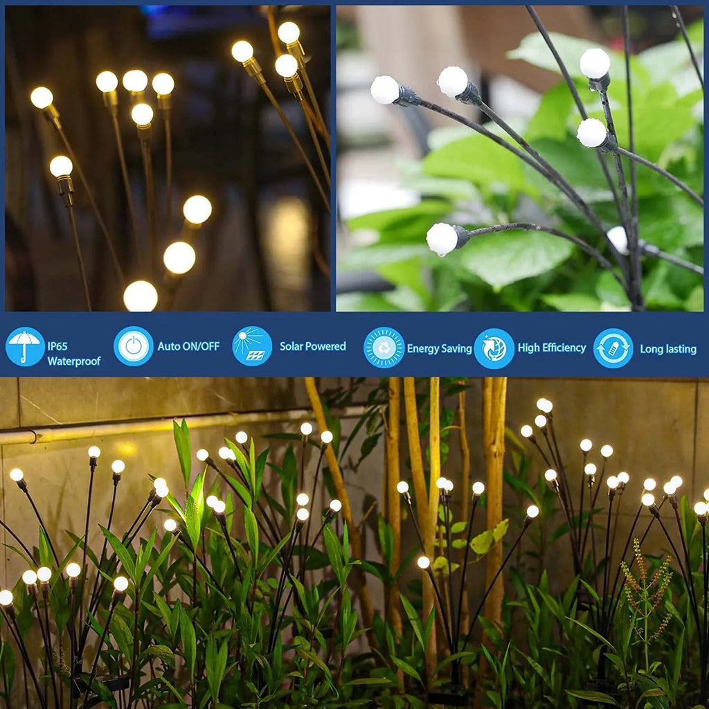 Solar-powered LED firefly garden stake light with stainless steel ground plug illuminated at dusk.